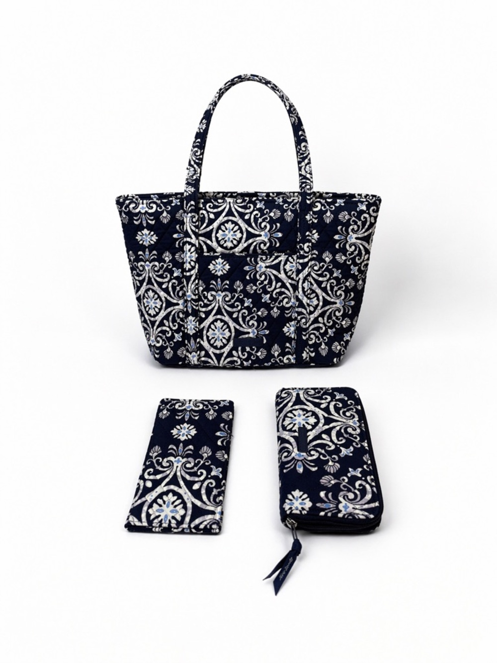 Vera Bradley Navy and White Floral Quilted Tote with Matching Wallets